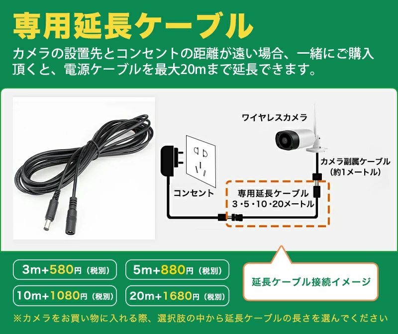 防犯カメラのオプション商品】防犯カメラ延長コード