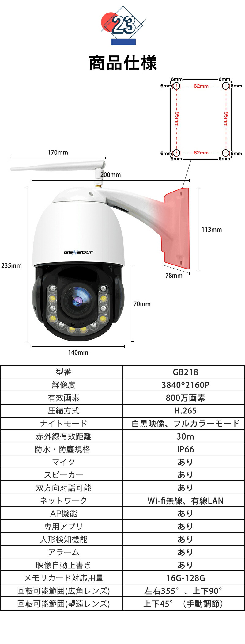 CANAVISドーム型防犯カメラ 100万画素 屋内 2024 録画 夜間監視