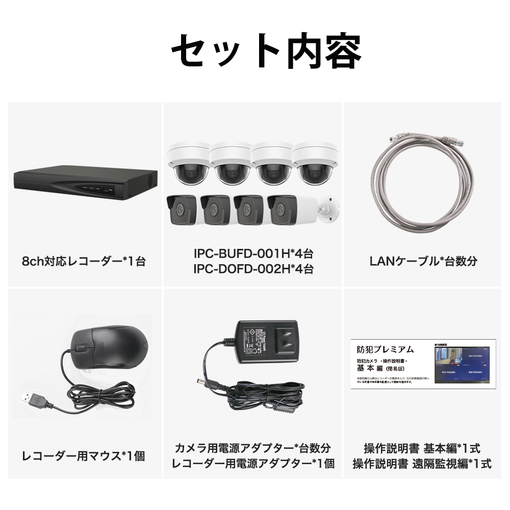 新登場】IPC002-2 PoE対応でLANケーブル配線！バレット型ドーム型防犯カメラ 8台セット