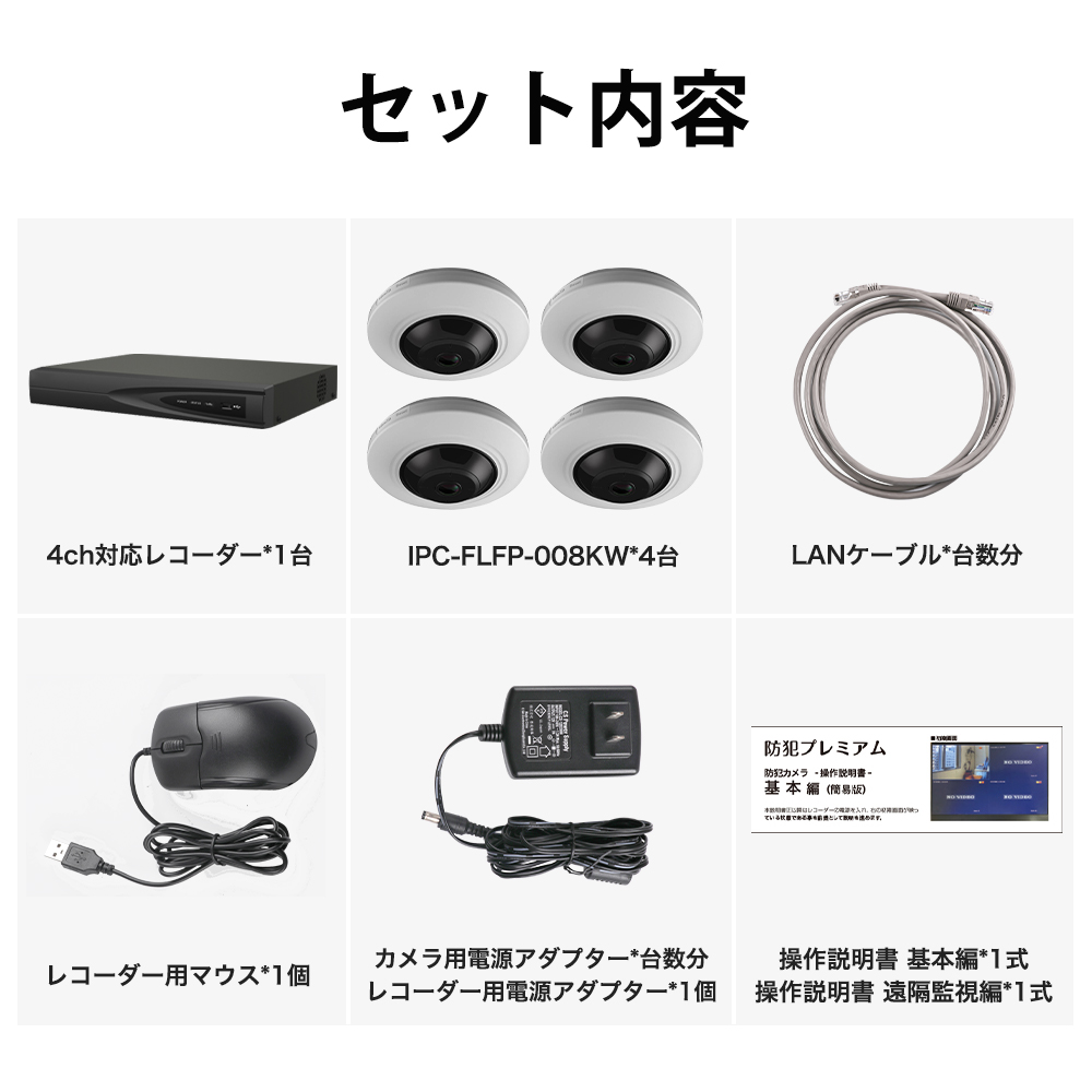 新登場】IPC006-1 PoE対応で300万画素屋内用魚眼型防犯カメラ 4台セット